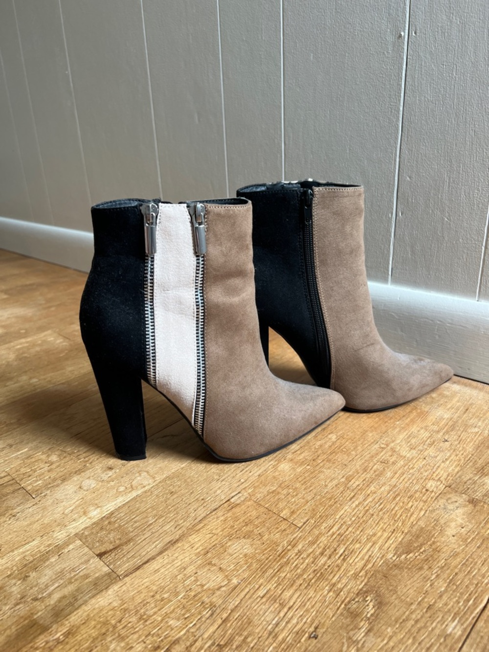 JustFab Two-Tone Pointed Suede Ankle Boots in Black, Taupe & Cream